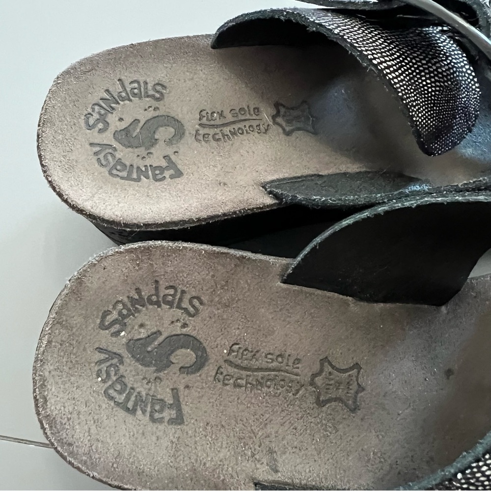 Fantasy Sandals Leather Two Buckle Black and Silver Wedge Sandals - Picture 5 of 9